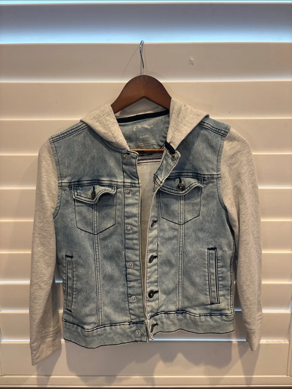 art class Boys Light Blue Denim Jacket with Gray Hood. Great condition. Size Med